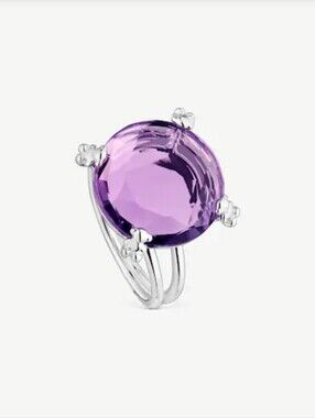 TOUS Silver Color Pills Amethyst Statement Ring Size 8